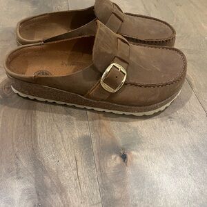 Birkenstock Buckley clog mule Brown Leather with gold accent buckle